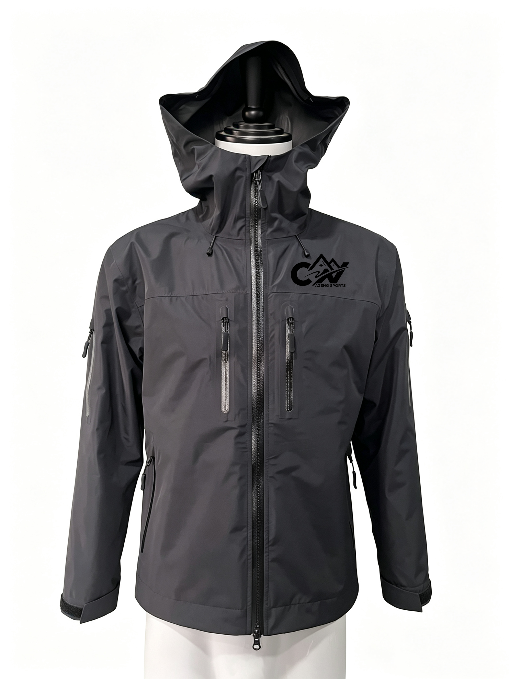 AZENG SPORTS Men's 3-Layer Waterproof Jacket | 20,000mm | 6-Pocket | Dual-Slider Front Zip